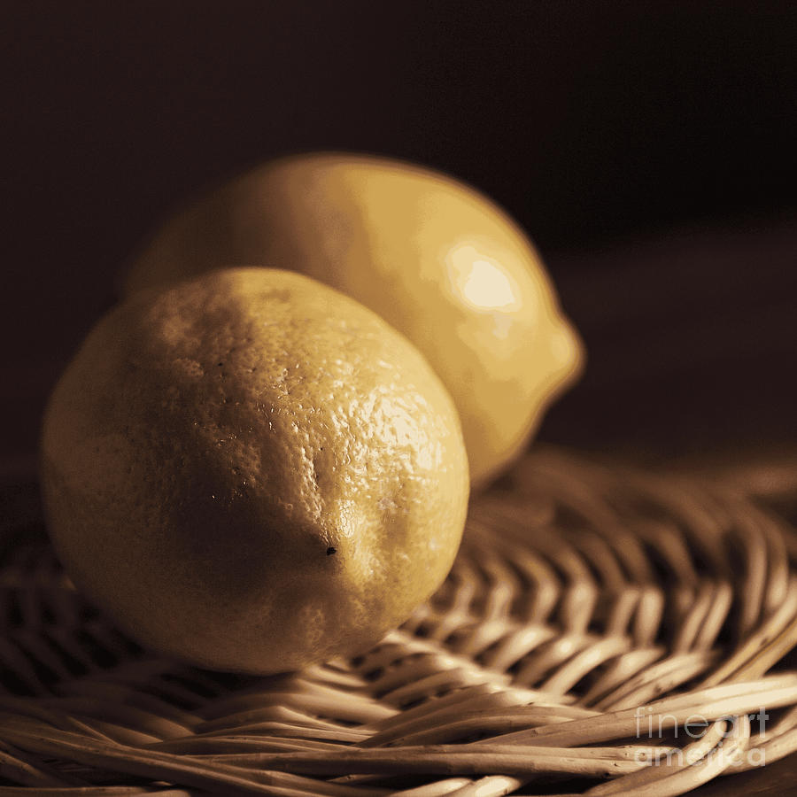 Lemons On Straw Mat Still Life, Processed Image For Kitchen Decor Photograph