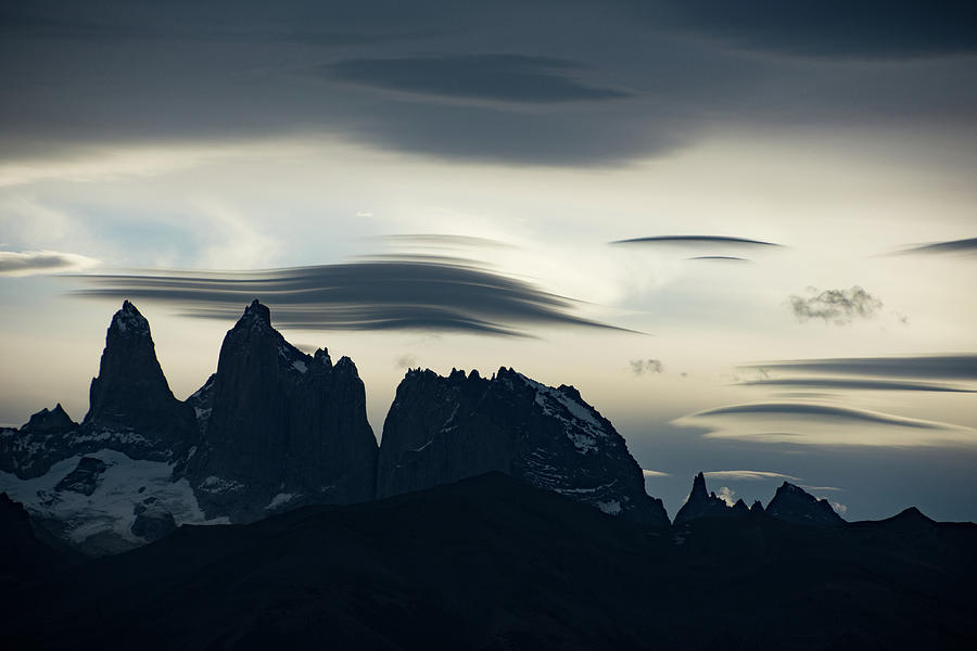 Lenticular Clouds above the Torres del Paine at Dusk Photograph by Mark Hunter