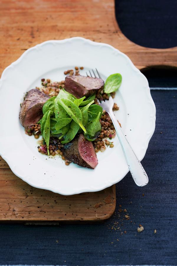 Lentil Salad With Goose Liver And Lambs Lettuce Photograph by Michael Wissing