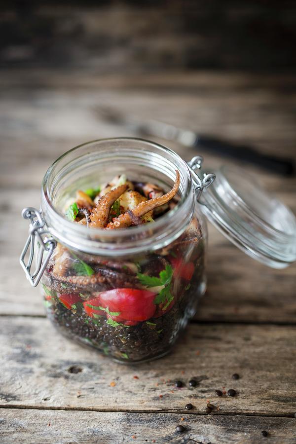 Lentil Salad With Octopus In A Glass Jar Photograph by Jan Wischnewski