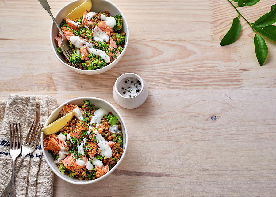 Lentil Salad With Salmon And Yoghurt Dressing Photograph by Great Stock!