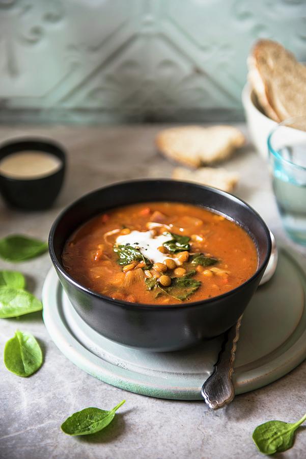 Lentil Soup With Tomatoes And Spinach Photograph by Magdalena Hendey
