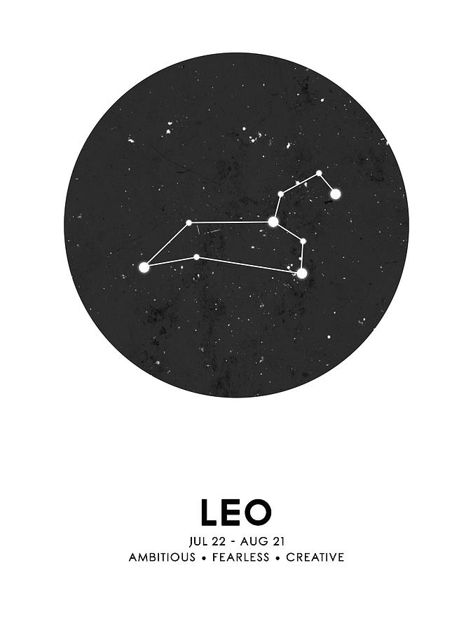 Black And White Mixed Media - Leo Print - Zodiac Signs Print - Zodiac Posters - Leo Poster - Night Sky - Stars - Leo Traits by Studio Grafiikka
