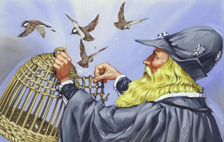Leonardo Da Vinci Painting - Leonardo Da Vinci, Who Bought Caged Birds In Order To Let Them Free by Angus Mcbride