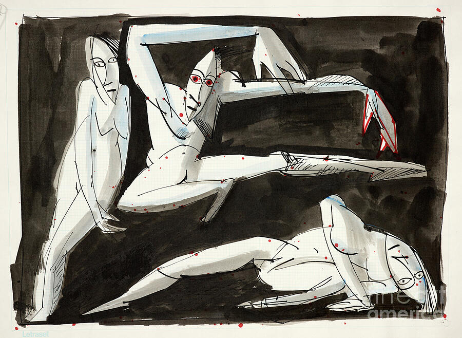 Nude Drawing - Les Damoiselles Davignon 9, 1988 (ink And Acrylic On Paper) by Ralph Steadman