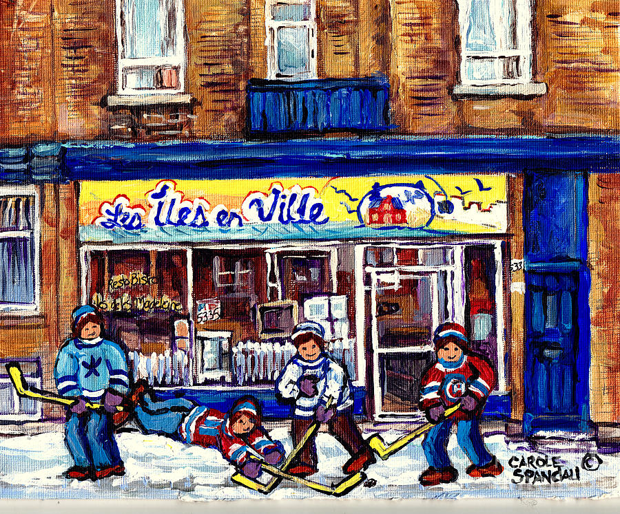 Les Iles En Ville Resto Bistro Hockey Art Verdun Paintings C Spandau Wellington Winter Street Scene Painting by Carole Spandau