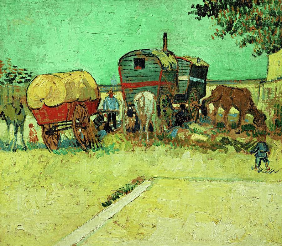 Les roulottes, campement de bohemiens aux environs dArles -August 1888-. Painting by Vincent van Gogh -1853-1890-