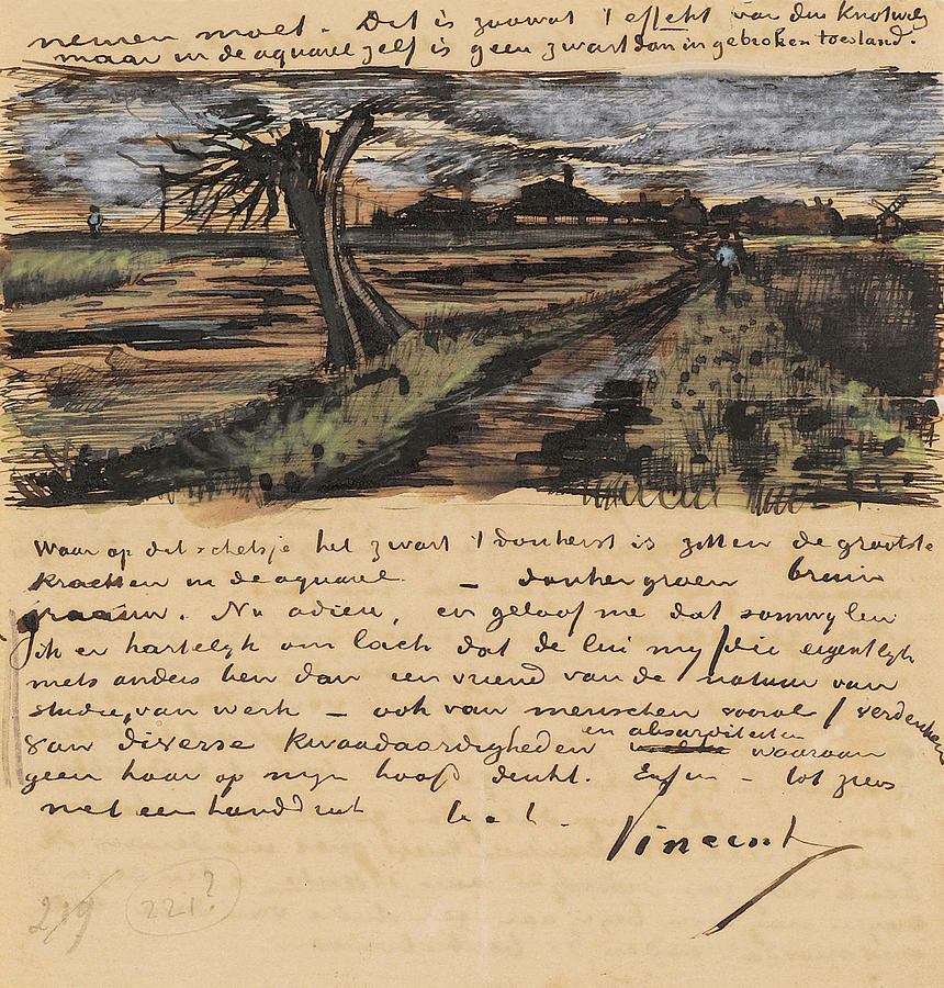 Letter from Vincent van Gogh to Theo van Gogh with sketch of Pollard Willow  Painting by Vincent van Gogh