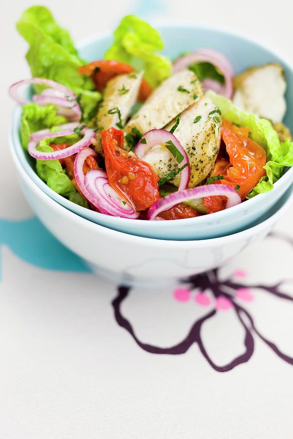 Lettuce, Marinated Chicken, Sun-dried Tomato And Red Onion Salad Photograph by Roulier-turiot