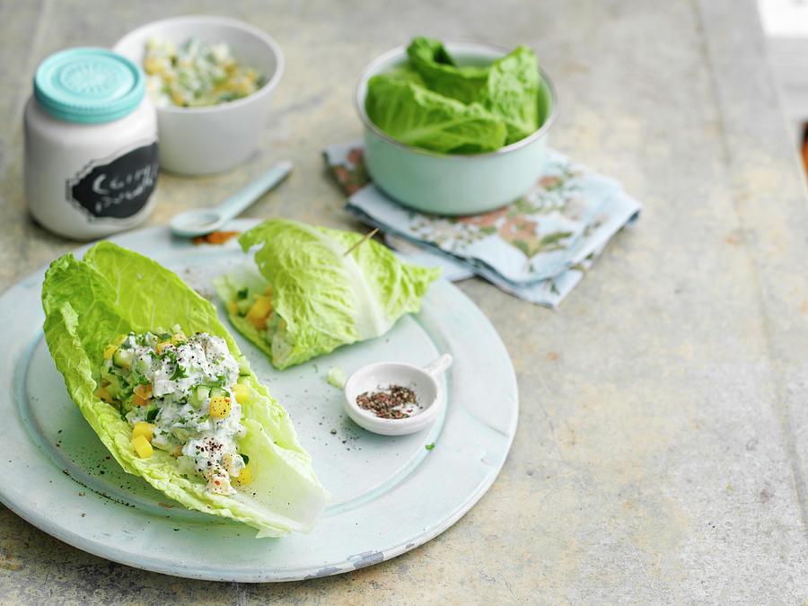 Lettuce Wraps Filled With Chicken And Mango Relish Photograph by Gareth Morgans