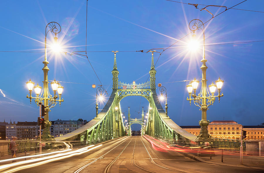 Nature Digital Art - Liberty Bridge Illuminated At Night On The Danube, Hungary, Budapest by Lost Horizon Images