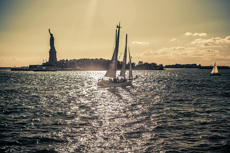 Liberty Island & Sailboat, Nyc Digital Art by Antonino Bartuccio