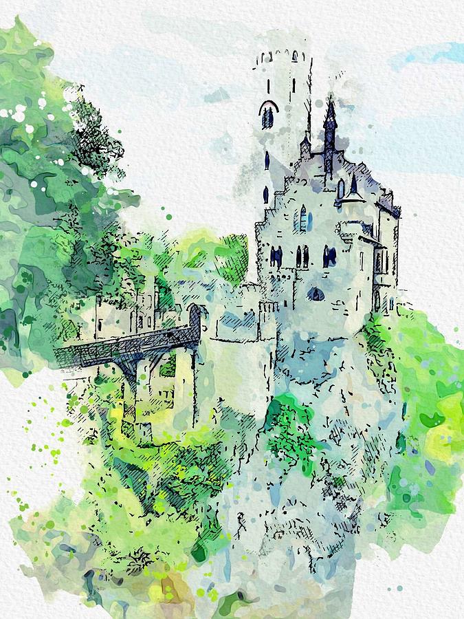 LICHTENSTEIN CASTLE 2 -  watercolor by Ahmet Asar Painting by Celestial Images
