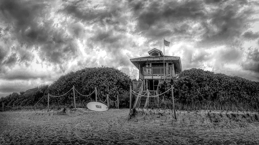 Lifeguard Stand at the Beach in Black and White Photograph by Debra and Dave Vanderlaan