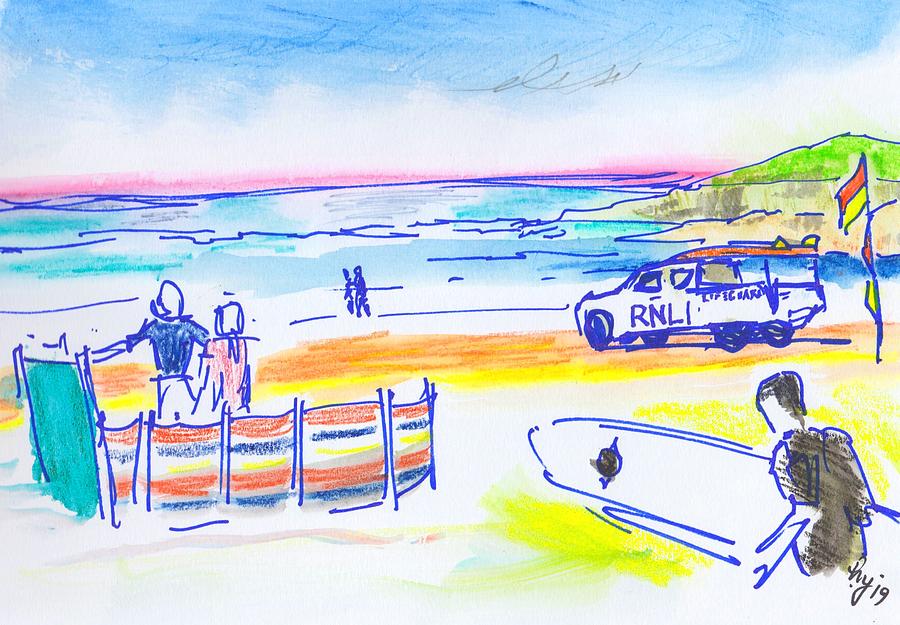 Lifeguards and surfer at Fistral Beach coloured pencils Drawing by Mike Jory