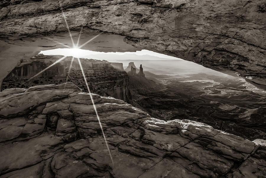National Parks Photograph - Light of Day - Mesa Arch in Canyonlands Park - Sepia by Gregory Ballos
