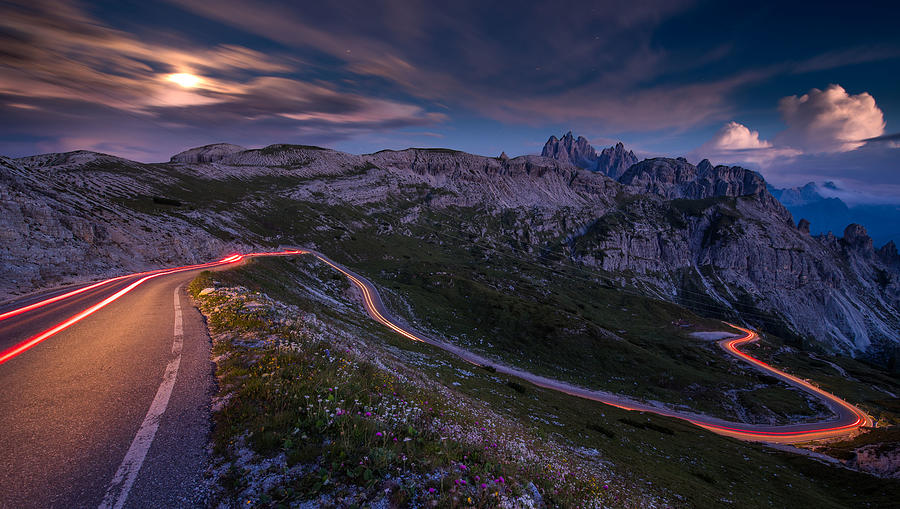 Mountain Photograph - Light Tracks On A Pass Road In The Dolomites by Bastian Mller