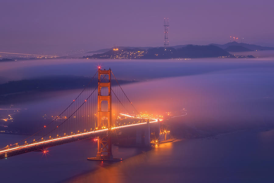 Night Photograph - Light Trails In Golden Gate Bridge by Wei Lian