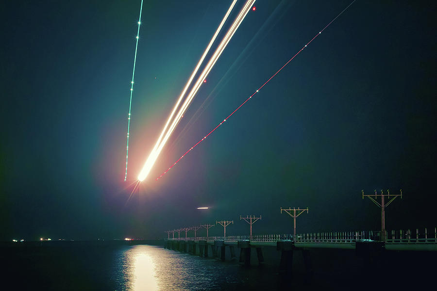 Light Trails Of Landing Aircraft At Photograph by D3sign