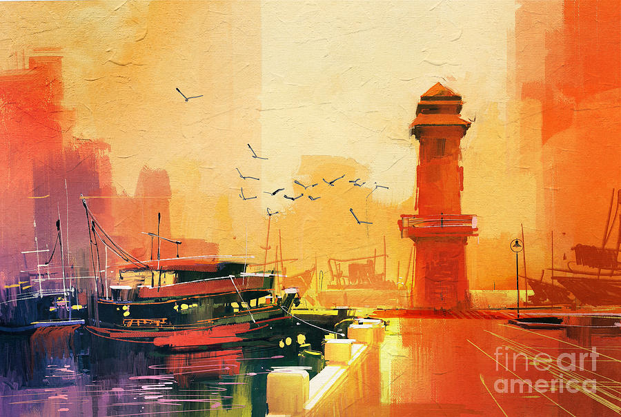 Concept Digital Art - Lighthouse And Fishing Boat At by Tithi Luadthong Concept Digital Art - Lighthouse And Fishing Boat At by Tithi Luadthong