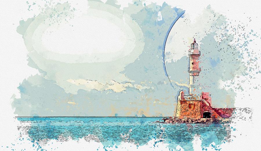 Lighthouse and full moon -  watercolor by Ahmet Asar Painting by Celestial Images