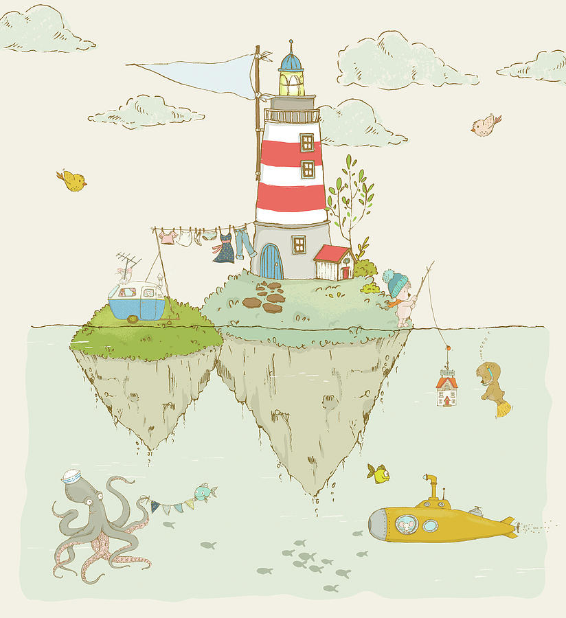 Lighthouse and ocean and cute whimsical animals Painting by Matthias Hauser