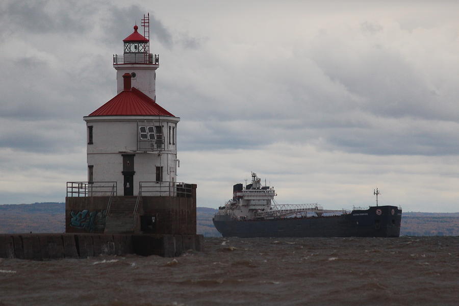 Lighthouse Photograph - Lighthouse And Passing Ship by Callen Harty Lighthouse Photograph - Lighthouse And Passing Ship by Callen Harty