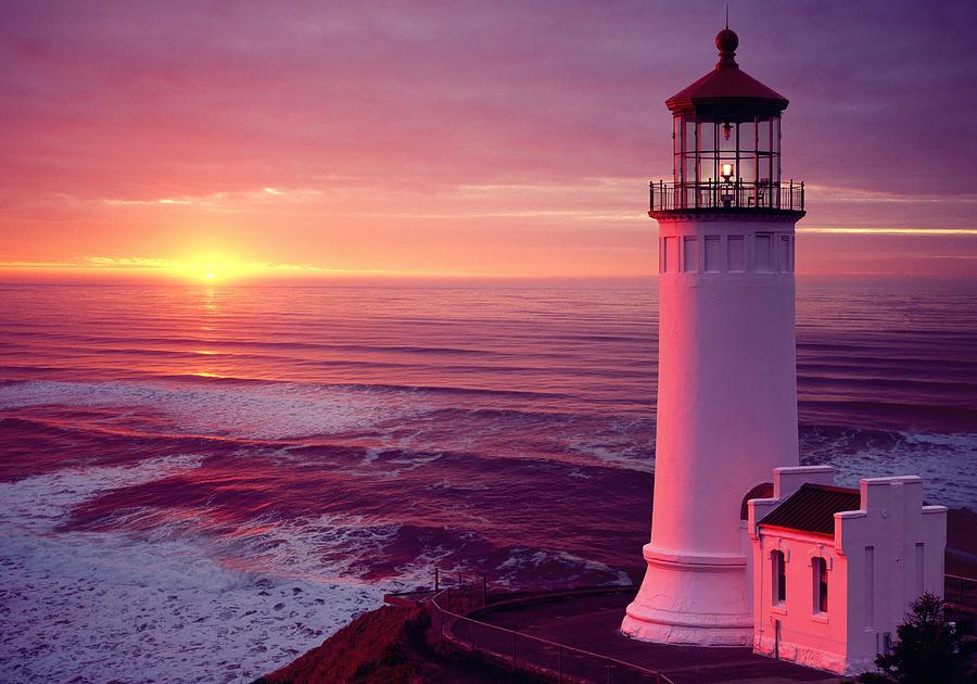 Inspirational Digital Art - Lighthouse At Sunset, Washington by Giovanni Simeone