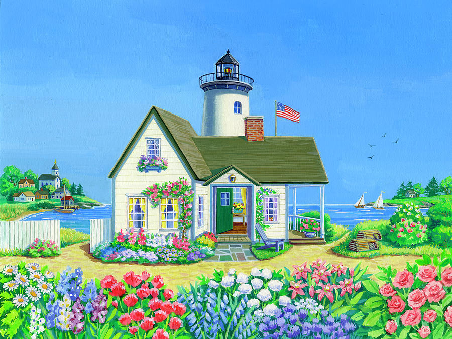 Lighthouse Painting - Lighthouse Cottage by Geraldine Aikman