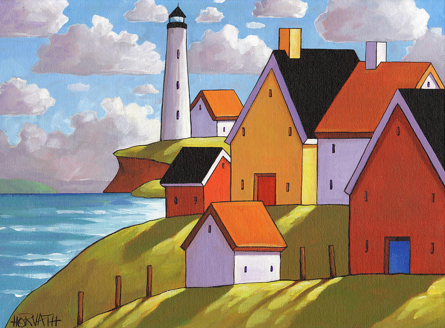 Lighthouse Painting - Lighthouse Cottage Hillside View by Cathy Horvath-buchanan
