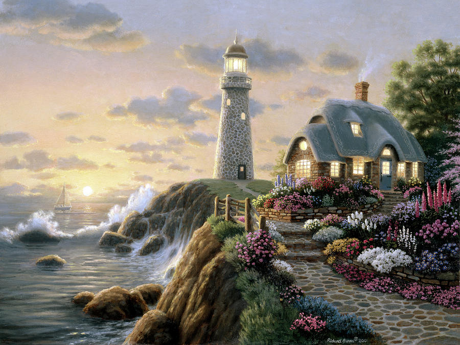 Lighthouse with Victorian Cottage by the Sea #3 Wall Picture 8x10 Art Print 