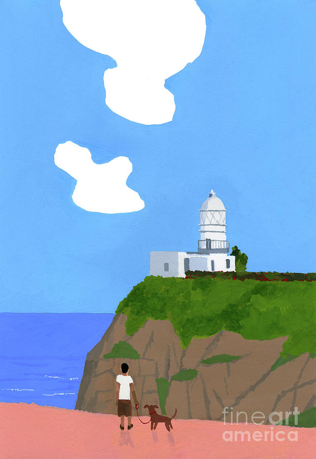 Lighthouse, Dog And Boys Painting by Hiroyuki Izutsu