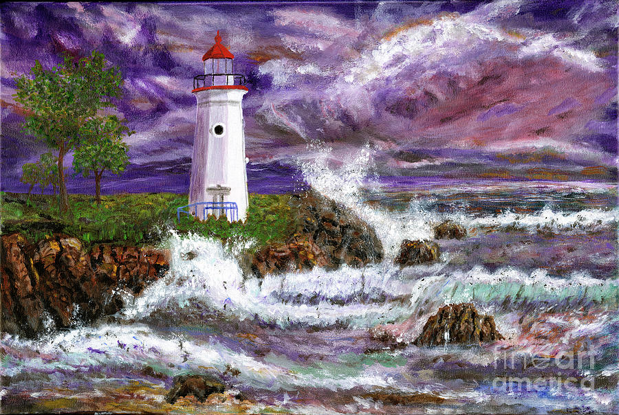 Lighthouse In Storm Painting Painting by Timothy Hacker