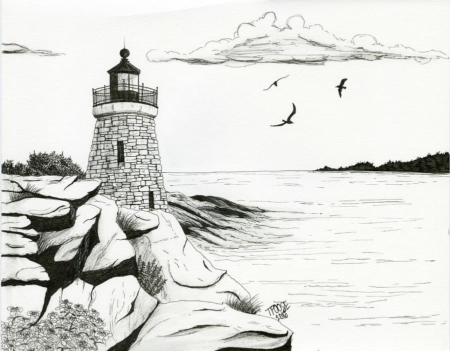 Lighthouse on the Rocks Drawing by Taphath Foose - Pixels