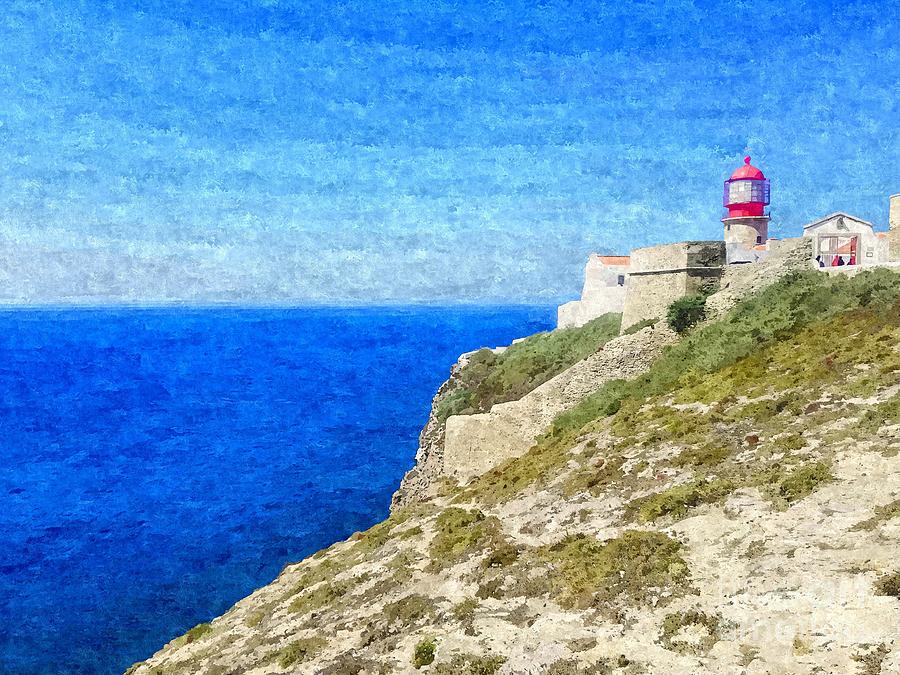 Lighthouse On Top Of A Cliff Overlooking The Blue Ocean On A Sunny Day, Painted In Oil On Canvas. Photograph