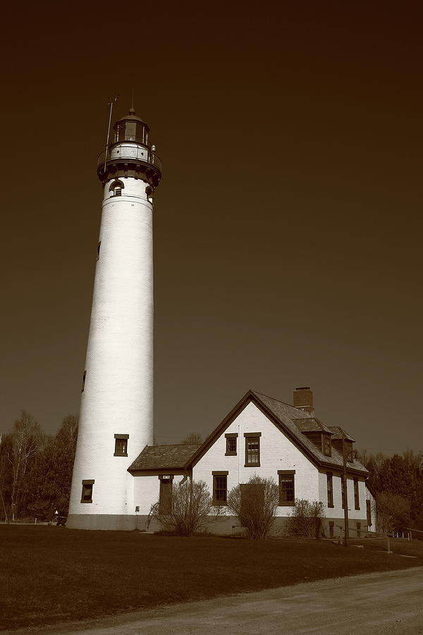 Lighthouse - Presque Isle Michigan Sepia Photograph by Frank Romeo