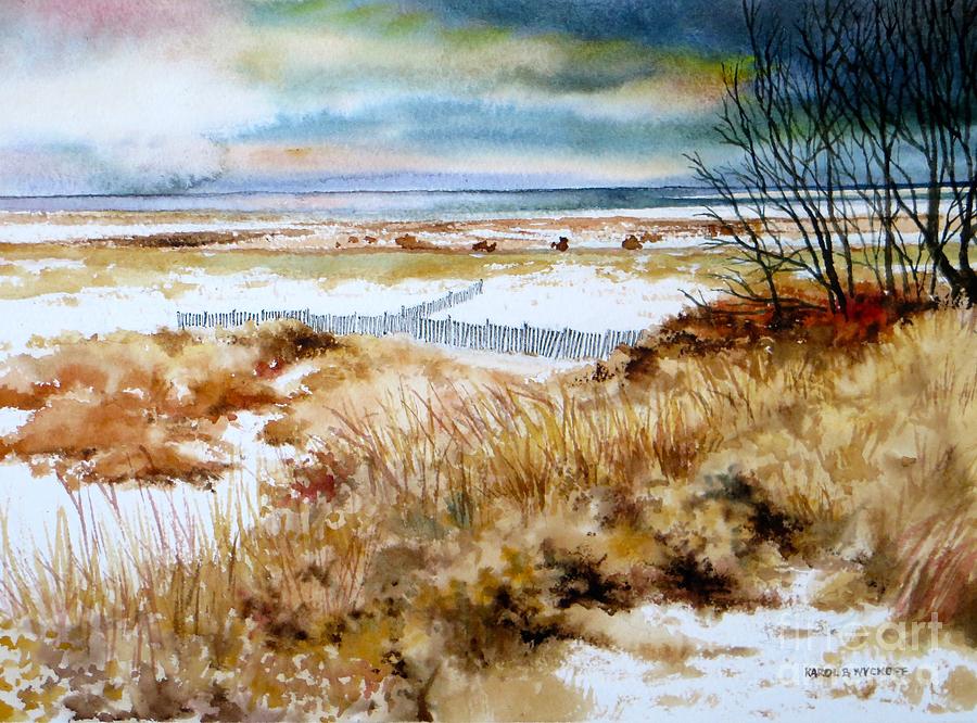Lighthouse Snowy Marsh Painting by Karol Wyckoff