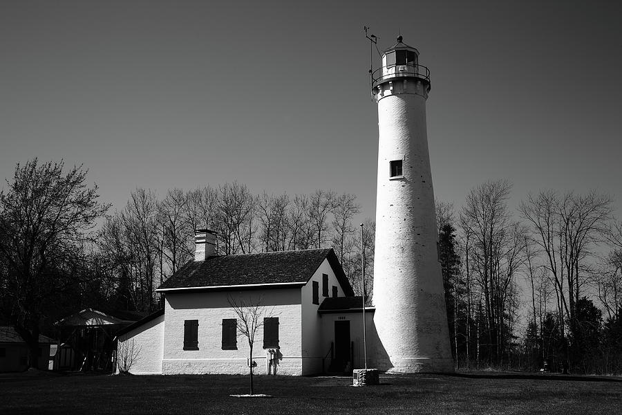 Lighthouse - Sturgeon Point Michigan BW Photograph by Frank Romeo