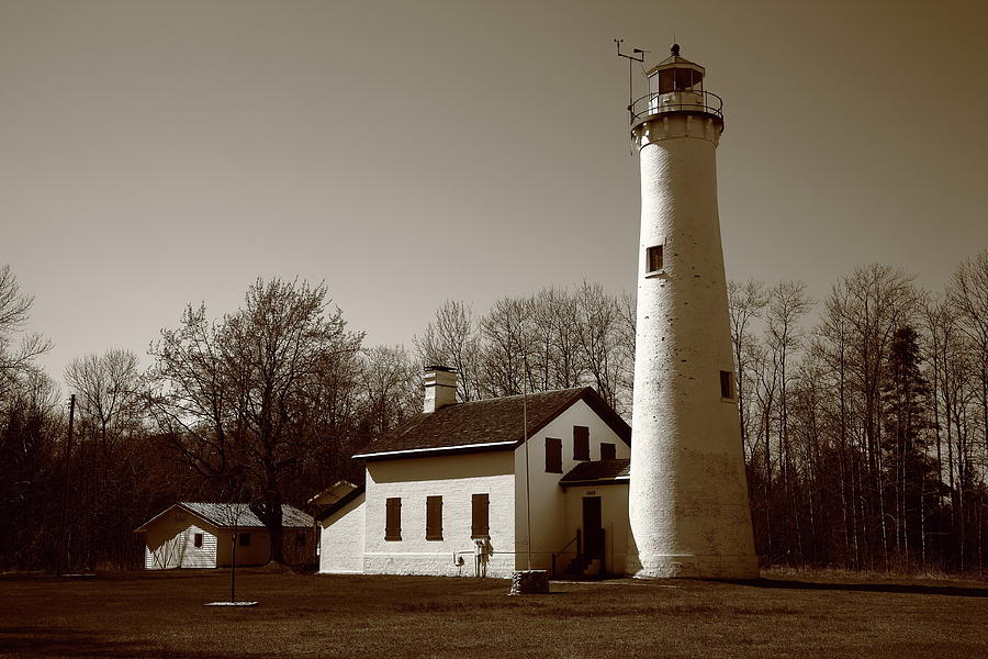Lighthouse - Sturgeon Point Michigan Sepia Photograph by Frank Romeo