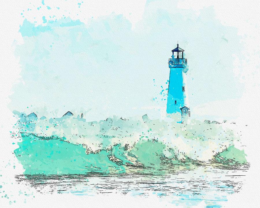 Lighthouse, watercolor, c2019, by Adam Asar - 1 Painting by Celestial Images