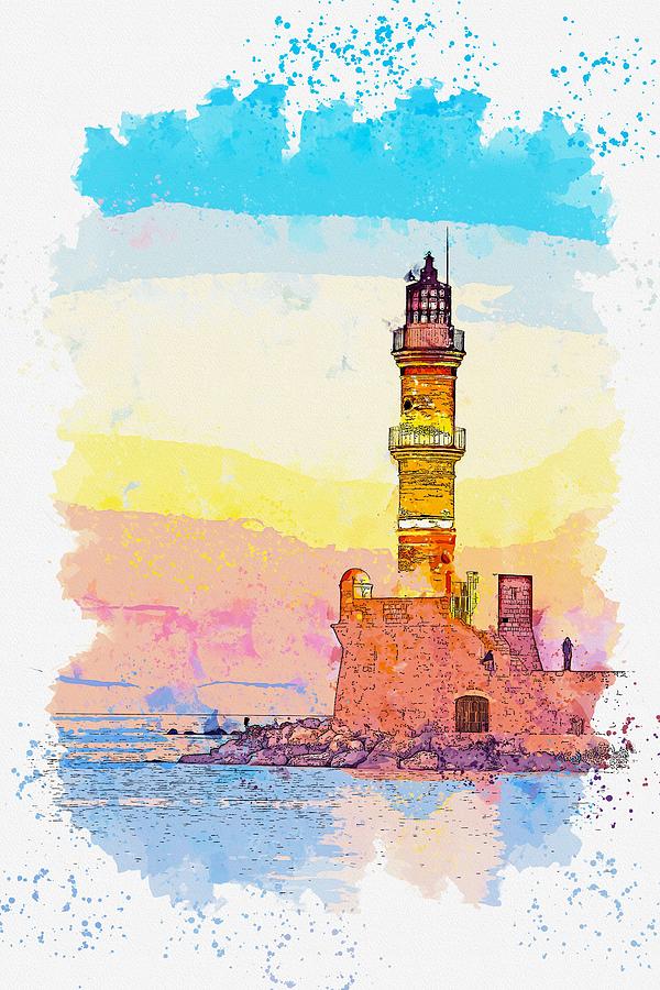 Lighthouse, watercolor, c2019, by Adam Asar - 12 Painting by Celestial Images