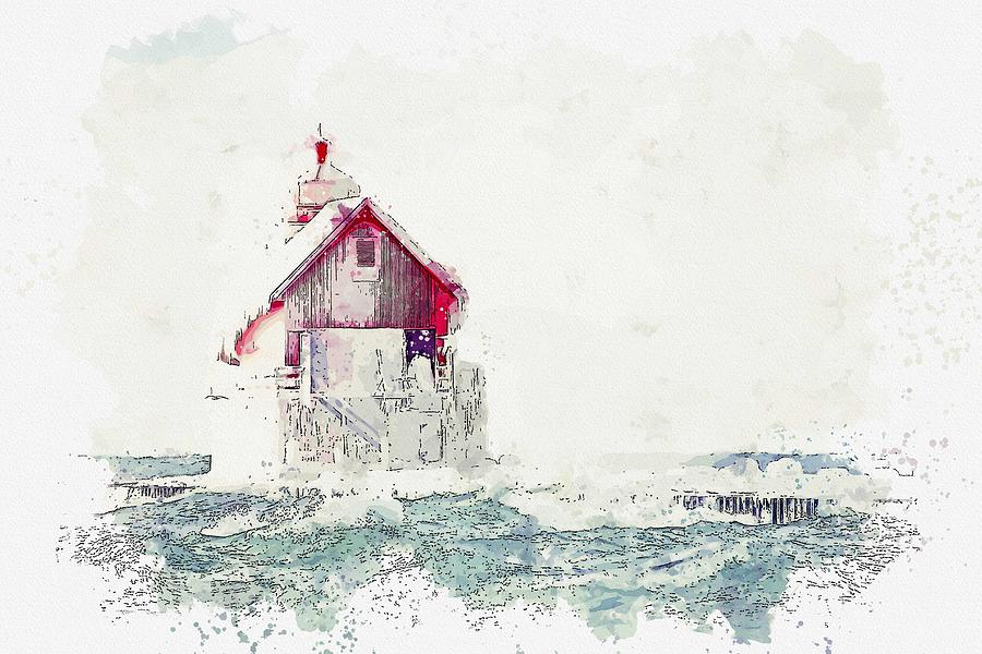Lighthouse, watercolor, c2019, by Adam Asar - 18 Painting by Celestial Images