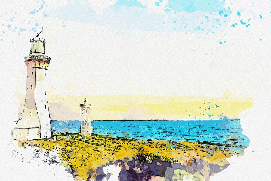 Lighthouse, watercolor, c2019, by Adam Asar - 3 Painting by Celestial Images