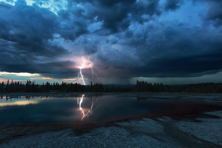 Yellowstone National Park Photograph - Lightning Above Turquoise Pool by Annie Fu