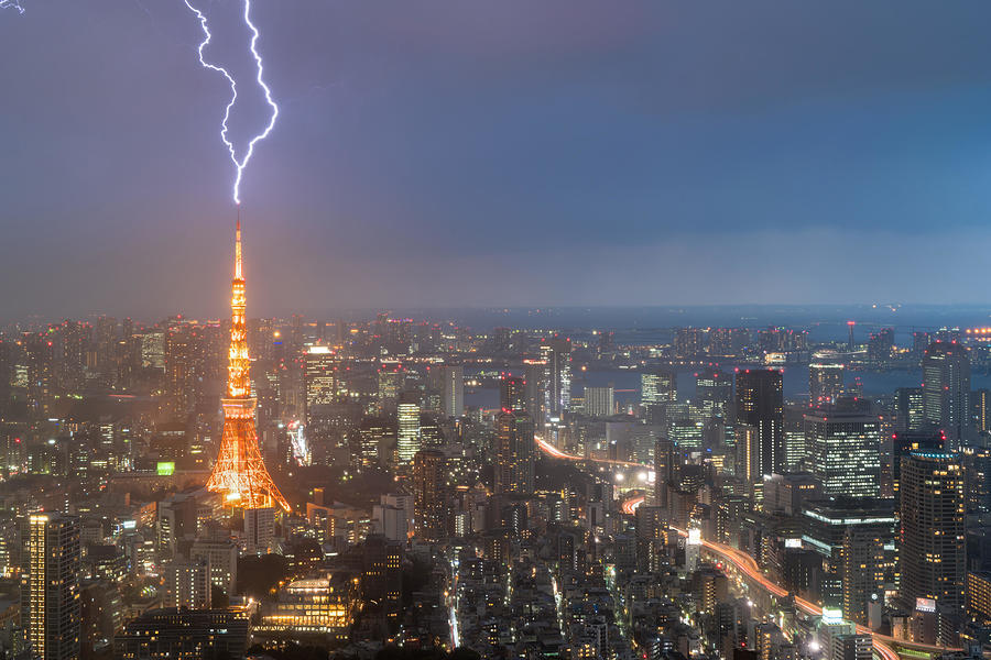 Nature Photograph - Lightning Storm Over Tokyo City, Japan by Prasit Rodphan