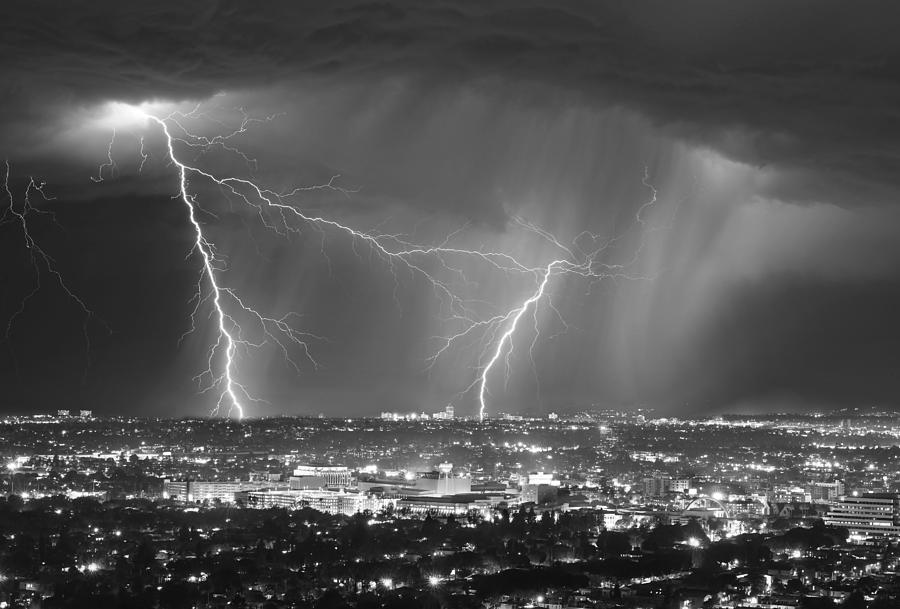 Los Angeles Photograph - Lightning Strike The City by Jay Wang