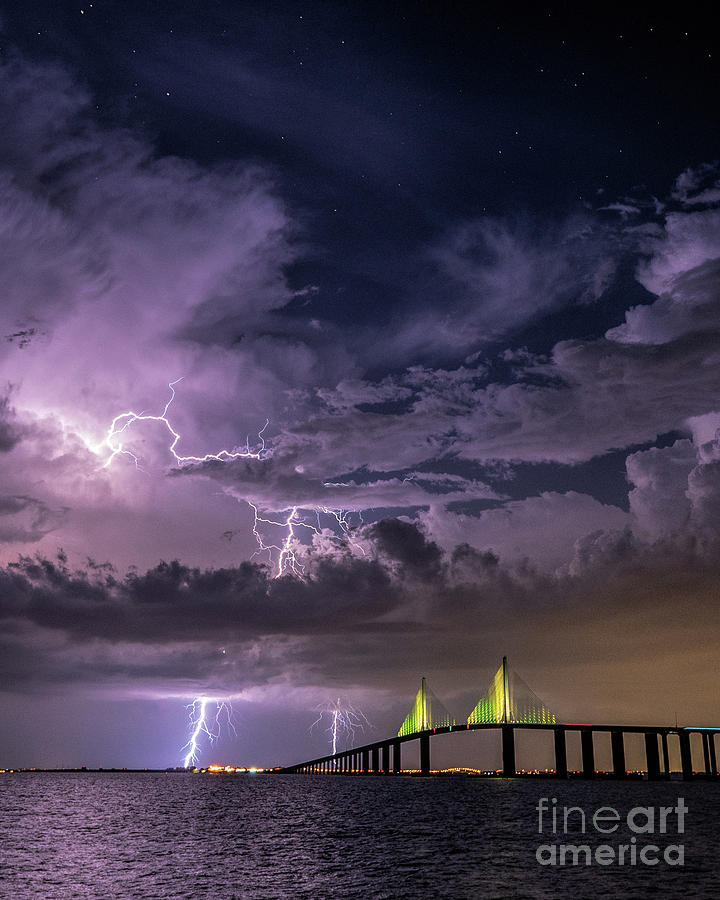 Tampa Photograph - Lightning Sunshine Skyway Bridge by Damon Powers