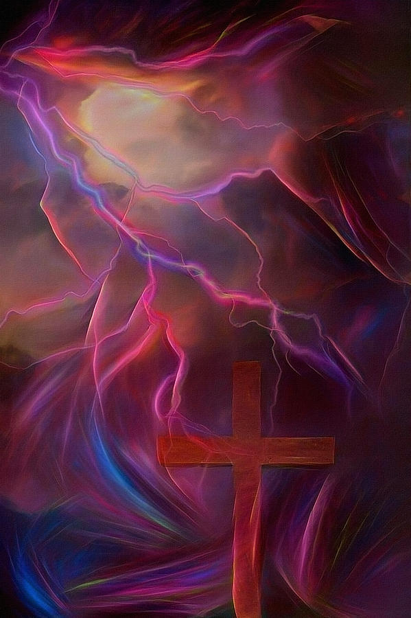 Abstract Digital Art - Lightnings and Christian cross by Bruce Rolff