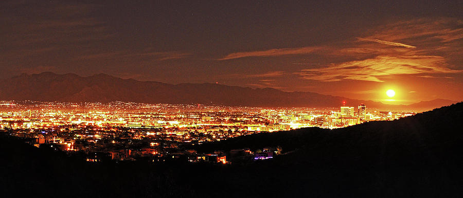 Lights of Tucson and Moonrise Photograph by Chance Kafka
