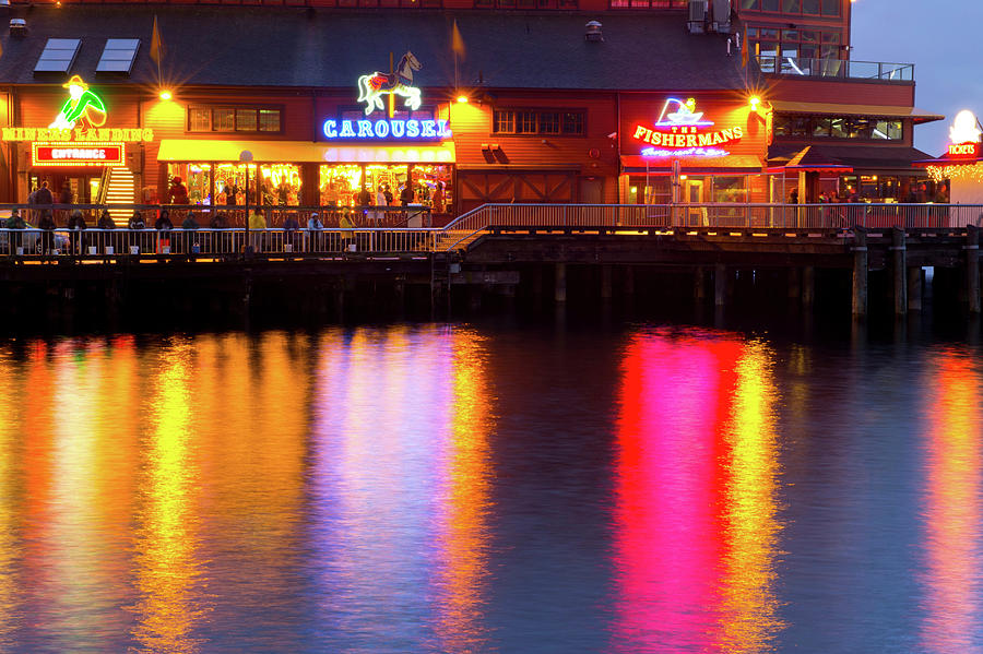 Architecture Digital Art - Lights On Dock At Puget Sound, Seattle, Usa by Pete Saloutos